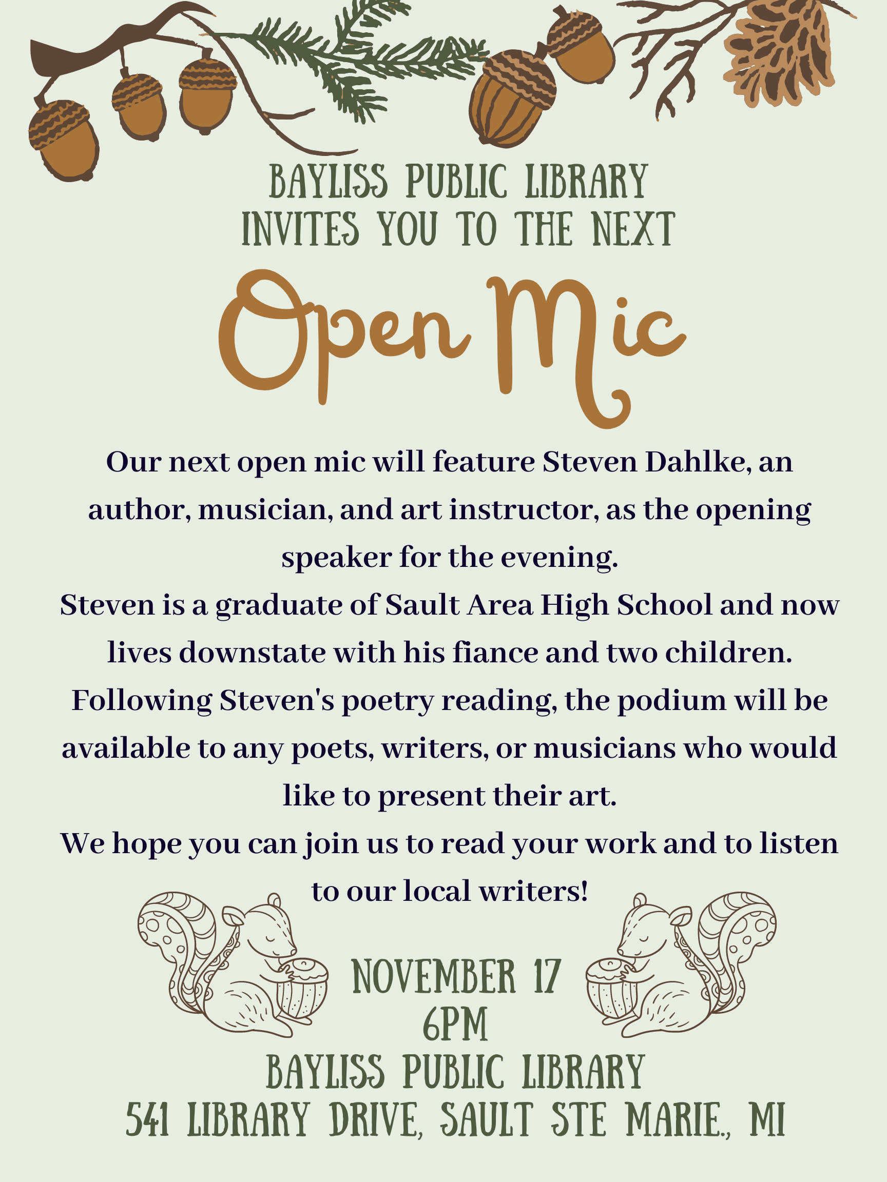open mic at bayliss public library